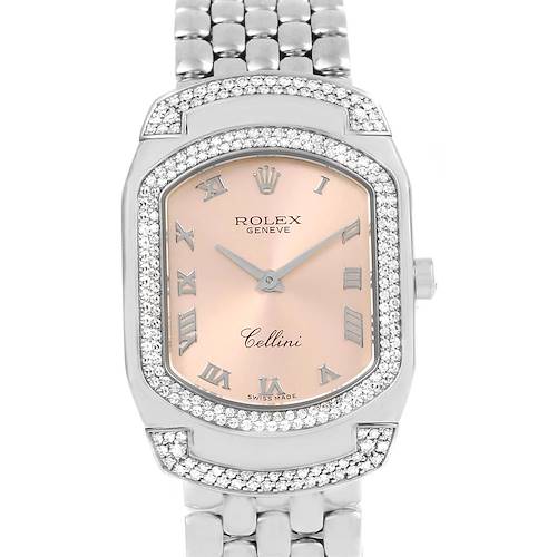 The image shows a front view of a Rolex Cellini watch, highlighting its face, bezel, and part of the bracelet.