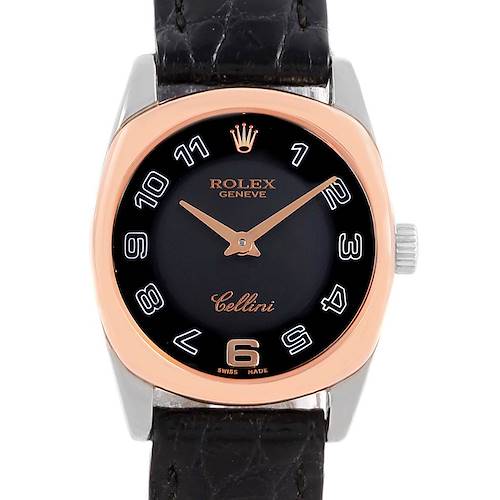 The Rolex Cellini watch shown is at a front angle, highlighting the dial, hands, crown, and leather strap.