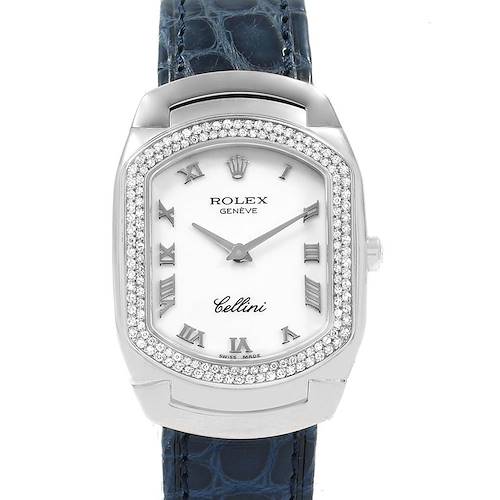 The image shows a front view of a Rolex Cellini watch, highlighting the face, bezel, and blue alligator strap.