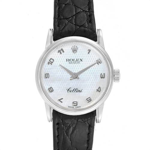 The image shows a front view of a Rolex Cellini watch, displaying its face, hour markers, hands, and leather strap.