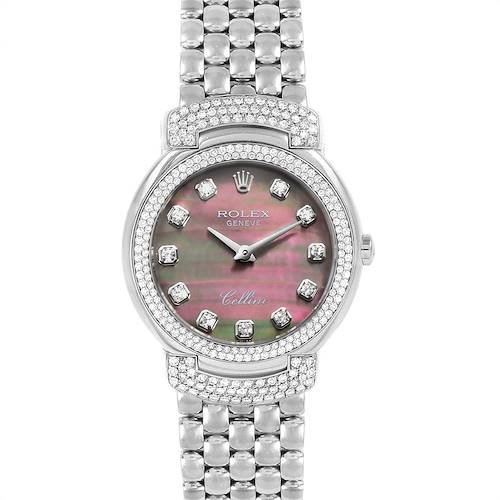 The Rolex Cellini watch is shown from a front-facing angle, displaying its face, bezel, and bracelet.