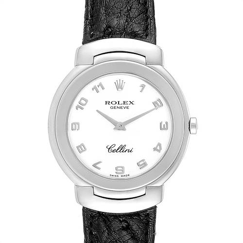 The image shows a front view of a Rolex Cellini watch with a black leather strap and a white dial.