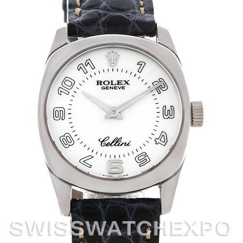 The image shows a front view of a Rolex Cellini watch, displaying its dial, bezel, crown, and leather strap.
