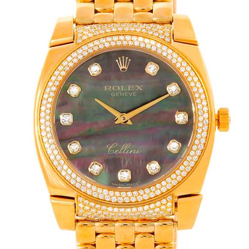The image shows a frontal view of a Rolex Cellini watch with a gold case, diamond bezel, and mother-of-pearl dial.