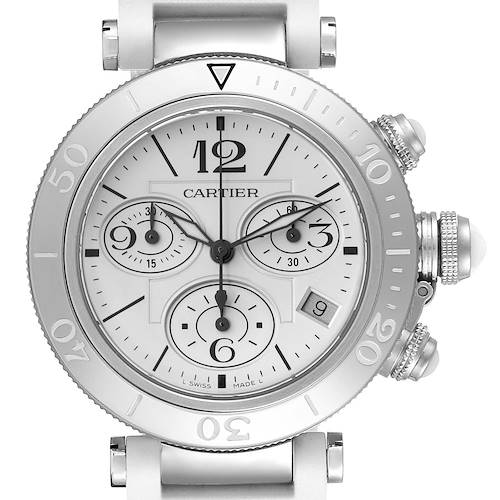 The image shows a front view of the Cartier Pasha watch, highlighting its dial, subdials, bezel, and crown.