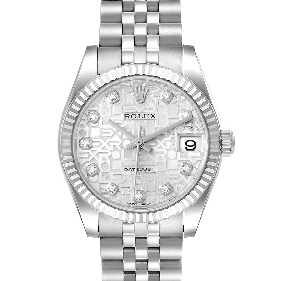 The image shows a front view of a Rolex Mid-Size Datejust watch, displaying its face, bezel, crown, and bracelet.