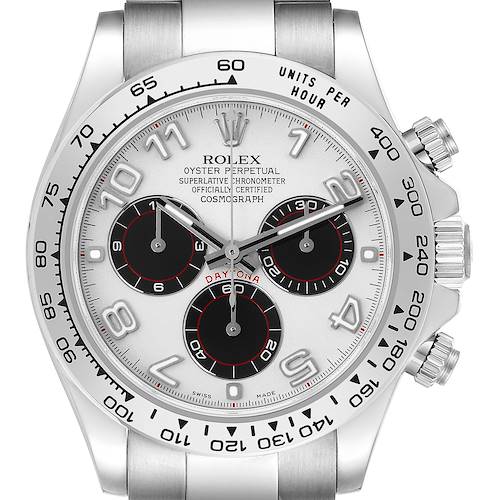 The Rolex Daytona is shown from the front, displaying its dial, bezel, and subdials clearly.