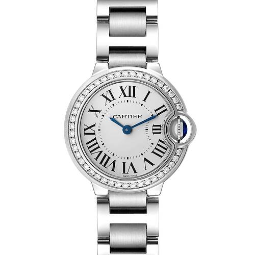 The Cartier Ballon Bleu watch is shown from a front angle, highlighting the face, bracelet, and diamond bezel.