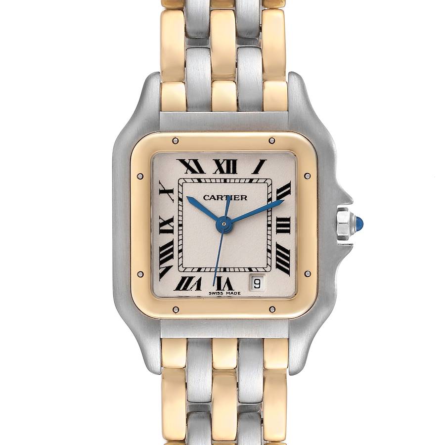 This image shows a frontal view of the Cartier Panthere watch, highlighting its dial, bezel, and two-tone bracelet.