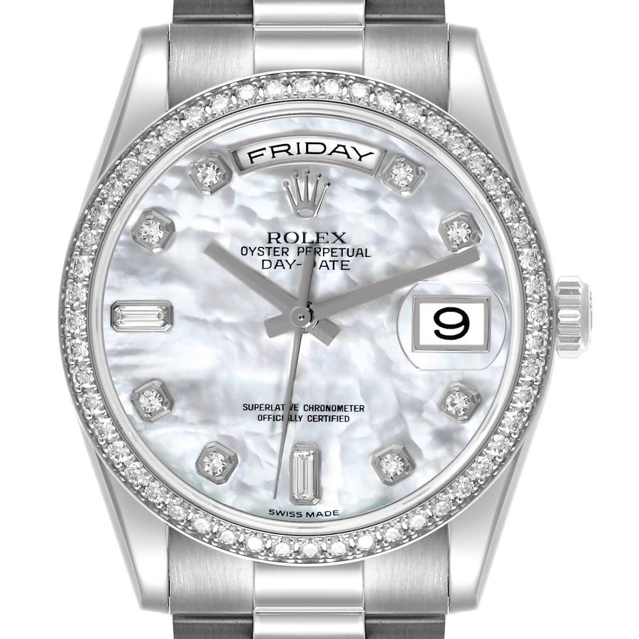 The Rolex President watch is shown from the front, highlighting its face, bezel, dial, and partial bracelet.
