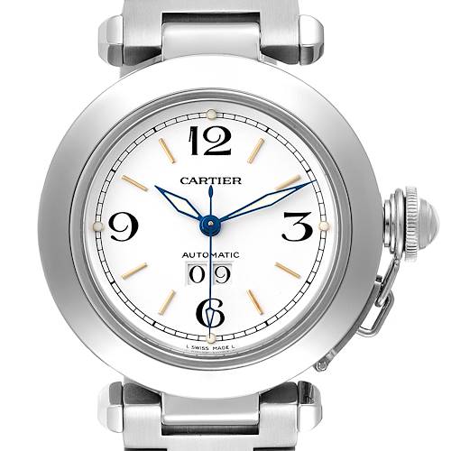 This image shows a front view of the Cartier Pasha watch, highlighting its dial, hands, crown, and part of the bracelet.