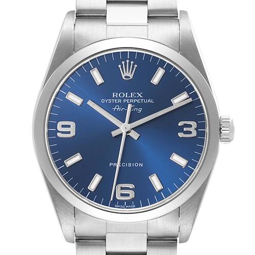 The Rolex Air-King watch is shown from the front, showcasing the face, bezel, and part of the bracelet.