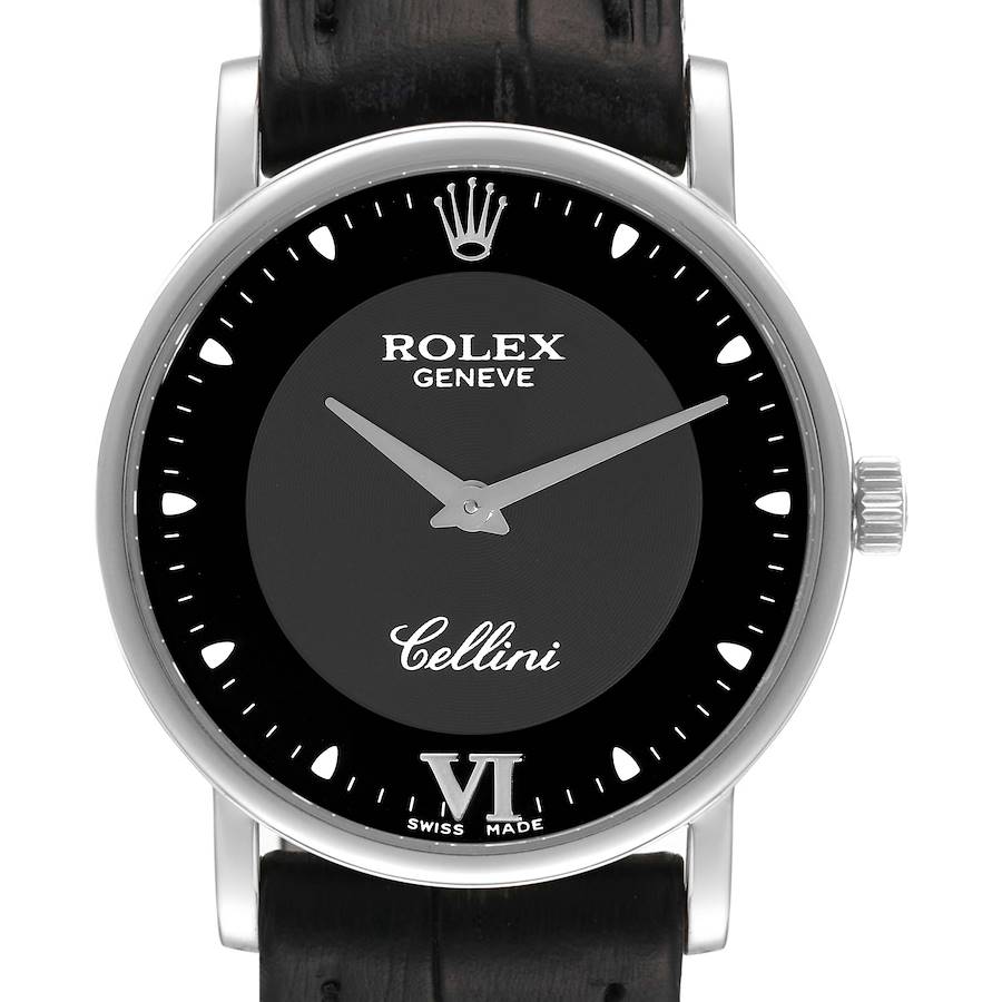 This image shows a front view of the Rolex Cellini watch, highlighting its dial, hands, and strap.