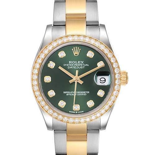 This image shows the front view of a Rolex Mid-Size Oyster Perpetual Datejust watch with a green face, diamond markers, and a two-tone bracelet.