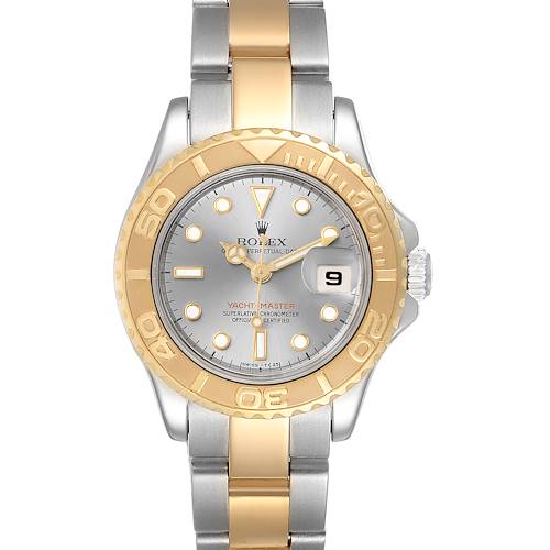 The Rolex Yacht-Master watch is shown from a front angle, displaying the bezel, dial, hands, and bracelet.