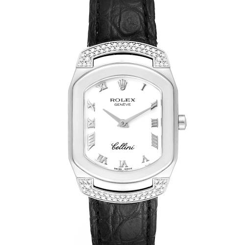 This image shows a front view of a Rolex Cellini watch featuring a white dial, Roman numerals, and a black leather strap.