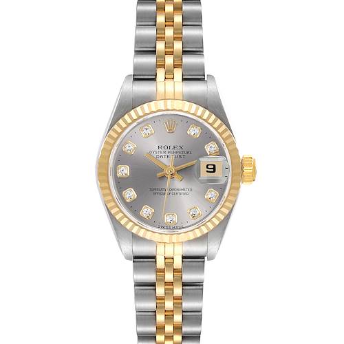 The Rolex Datejust watch is shown from the front, displaying the bezel, dial, date window, and bracelet.