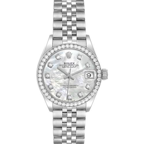 The image shows a front view of the Rolex Datejust watch, highlighting the dial, bezel, and bracelet.