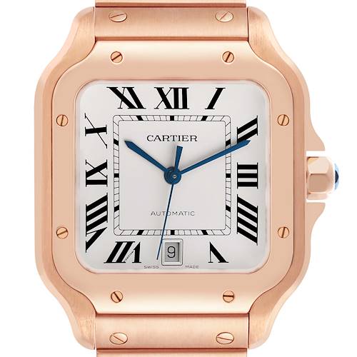 The watch, a Cartier Santos model, is shown from the front, highlighting the case, face, and bezel.