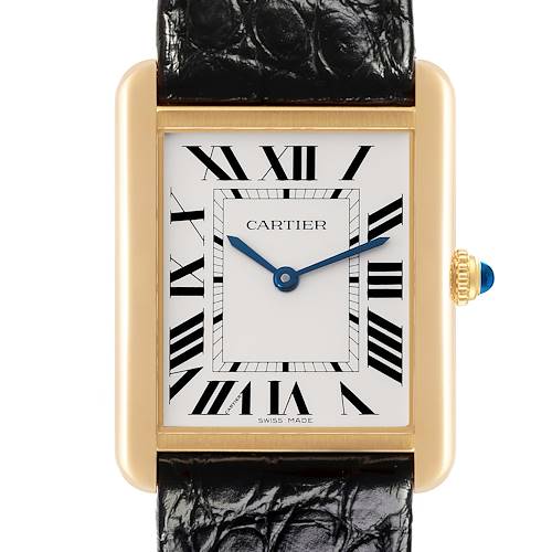 The Cartier Tank Solo is shown from the front, featuring its rectangular face, Roman numerals, blue hands, and crown with a blue cabochon.
