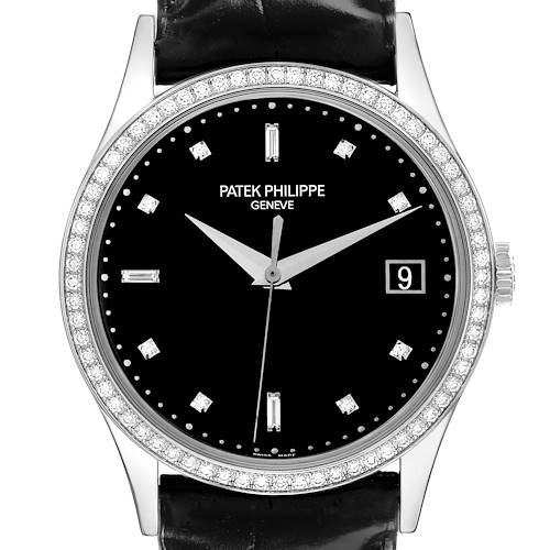 The Patek Philippe Calatrava watch is shown from a front angle, displaying the dial, bezel, and crown.