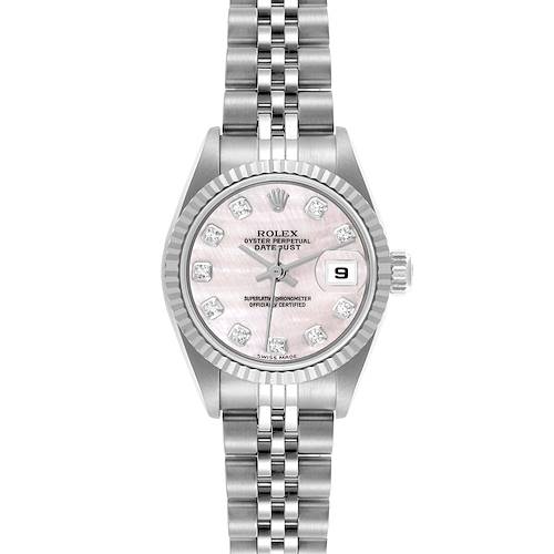 The Rolex Datejust watch is shown from the front, displaying the dial, bezel, and part of the bracelet.