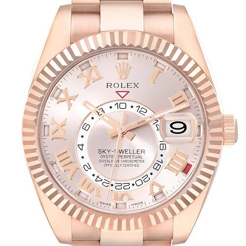 This image shows the frontal view of a Rolex Sky-Dweller watch, highlighting the dial, bezel, hands, and bracelet.