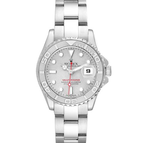 The Rolex Yacht-Master watch is shown from the front, displaying the face, bezel, and bracelet.