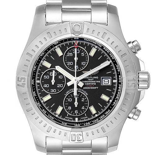 The image shows a front view of a Breitling Colt watch, displaying its bezel, dial, chronograph sub-dials, and date window.