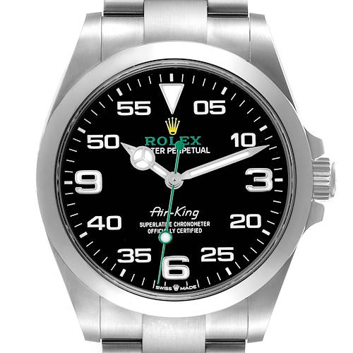 The Rolex Air-King watch is shown from a front angle, displaying the face, bezel, bracelet, and crown.