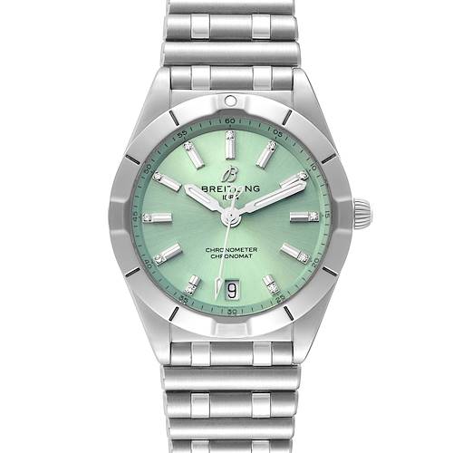 The Breitling Chronomat 32 Mint Green Diamond Dial Steel Ladies Watch A77310 Unworn is shown from a front angle, displaying the face, bezel, and band.