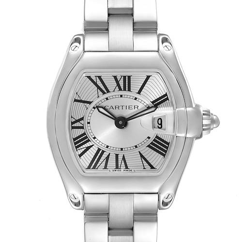 The image shows a front view of a Cartier Roadster watch, highlighting its dial, crown, and part of the bracelet.