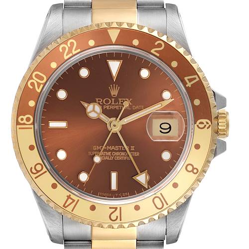The Rolex GMT-Master watch is shown from the front, displaying its dial, bezel, and part of the bracelet.