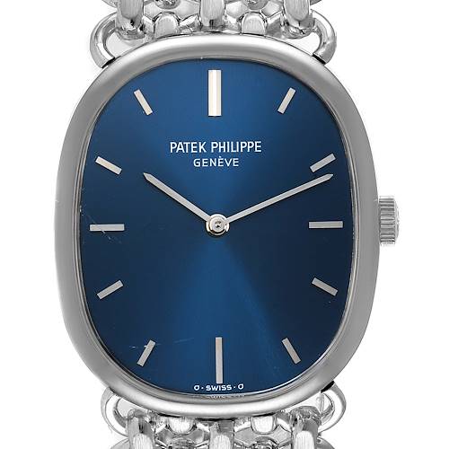 This is a front-angle view of a Vintage Patek Philippe watch showing its blue dial, silver indices, and part of the bracelet.