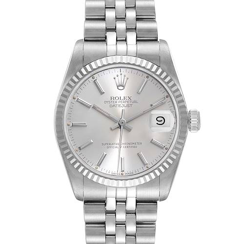 The image shows a front view of the Rolex Oyster Perpetual Datejust Mid-Size watch, highlighting the dial, bezel, and bracelet.