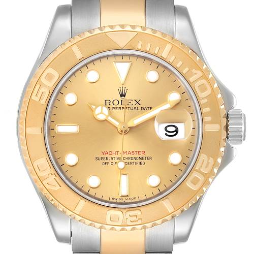The Rolex Yacht-Master watch is shown from a top-down angle, displaying the dial, bezel, and part of the bracelet.