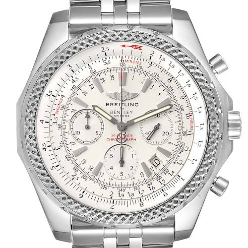 The image shows a front view of the Breitling Bentley watch, highlighting its face, chronograph dials, bezel, and metal bracelet.