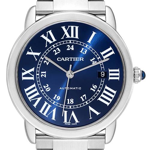 This is a front view of the Cartier Ronde model, showcasing its blue dial, Roman numerals, and stainless steel case and bracelet.
