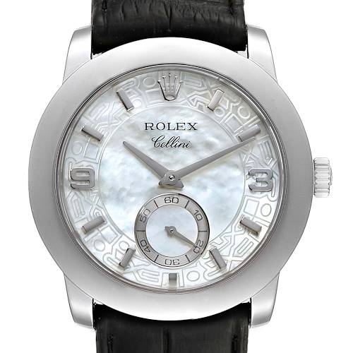 The image shows a front view of the Rolex Cellini watch, highlighting its face, dial, hands, crown, and part of the strap.