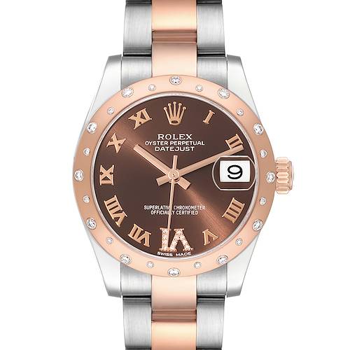 The image shows a front view of a Mid-Size Rolex Datejust watch, highlighting its face, bezel, and part of the bracelet.
