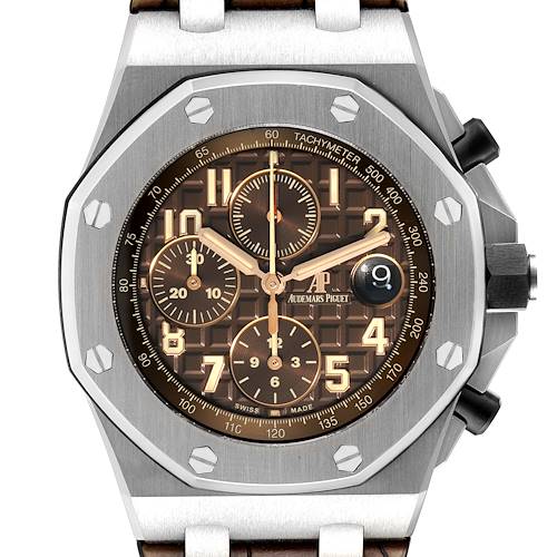 The image shows a front view of the Royal Oak Offshore watch by Audemars Piguet, highlighting its face, bezel, and chronograph dials.