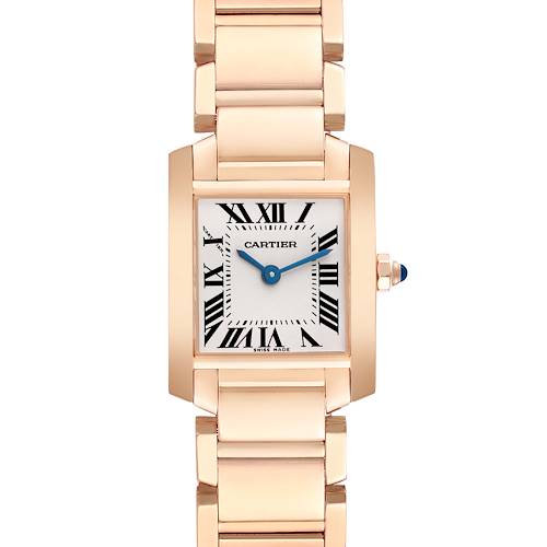 The Cartier Tank Francaise watch is shown from a front angle, displaying its face, bezel, and bracelet.