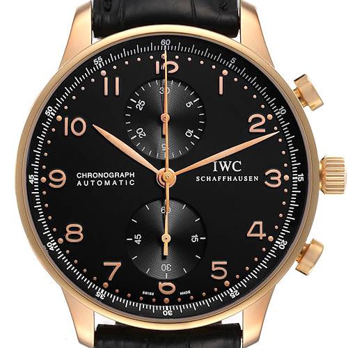 The image shows a close-up front view of the IWC Portuguese Chronograph Automatic watch, detailing its dial, hands, and crown.