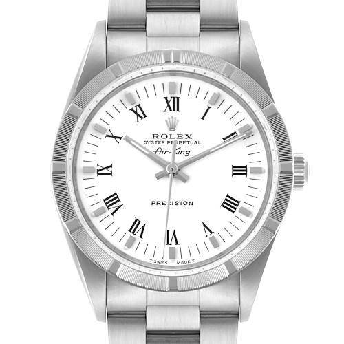 The Rolex Air-King watch is shown from a frontal angle, displaying the dial, bezel, and bracelet.