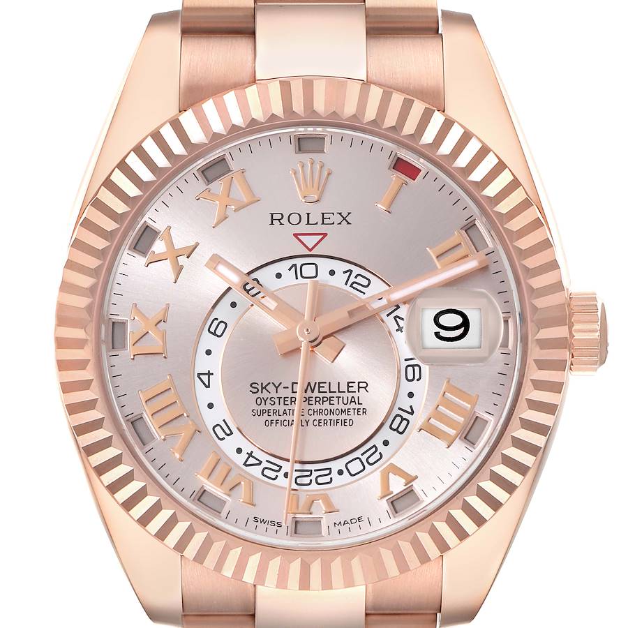 This image shows a close-up, front view of the Rolex Sky-Dweller watch, highlighting its face, hands, and date window.