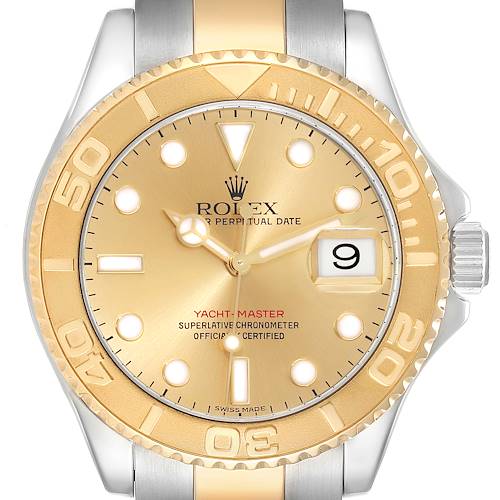 The image shows a front view of the Rolex Yacht-Master watch, highlighting the gold-toned dial, bezel, and stainless steel-gold bracelet.
