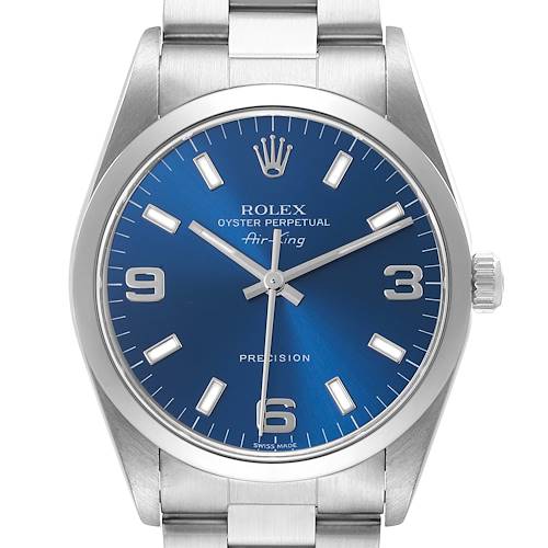 The Rolex Air-King watch is shown from the front, displaying the dial, case, and a portion of the bracelet.