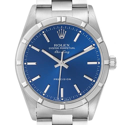 The Rolex Air-King watch is shown head-on, displaying the dial, bezel, case, and part of the bracelet.