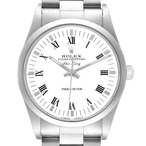 The Rolex Air-King watch is shown from a front angle, displaying the face, bezel, and part of the bracelet.