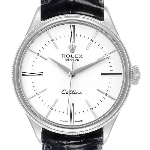The Rolex Cellini watch is shown straight-on, highlighting the white dial, Roman numerals, and the black leather strap.